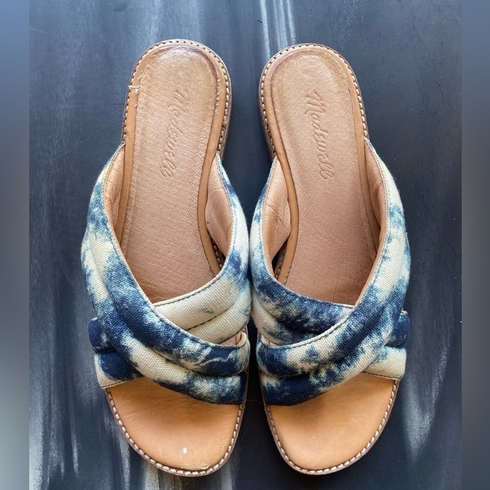 Madewell Women’s Blue Tan and White Leather Tie Dye Crisscross Sandals• Size 8